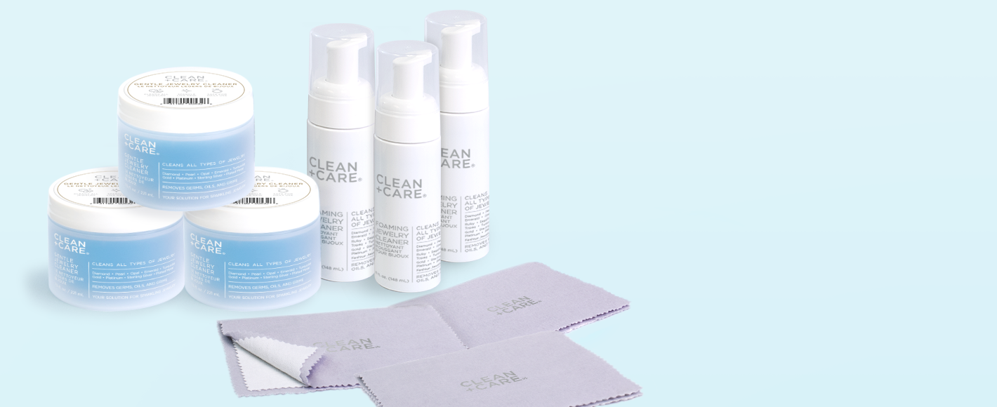 Clean + Care offers bundle options for purchase. In the image there are clean + care gentle jewelry cleaner, Clean + Care Foaming cleaners, Clean + Care Polishing Cloths
