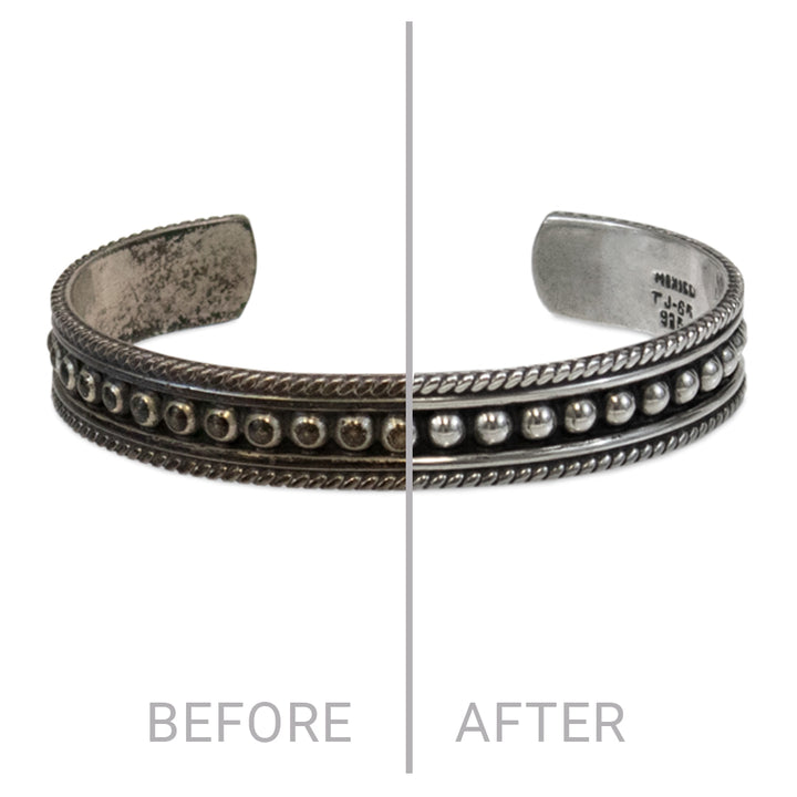 Before and After image of a heavily tarnished bracelet after being cleaned