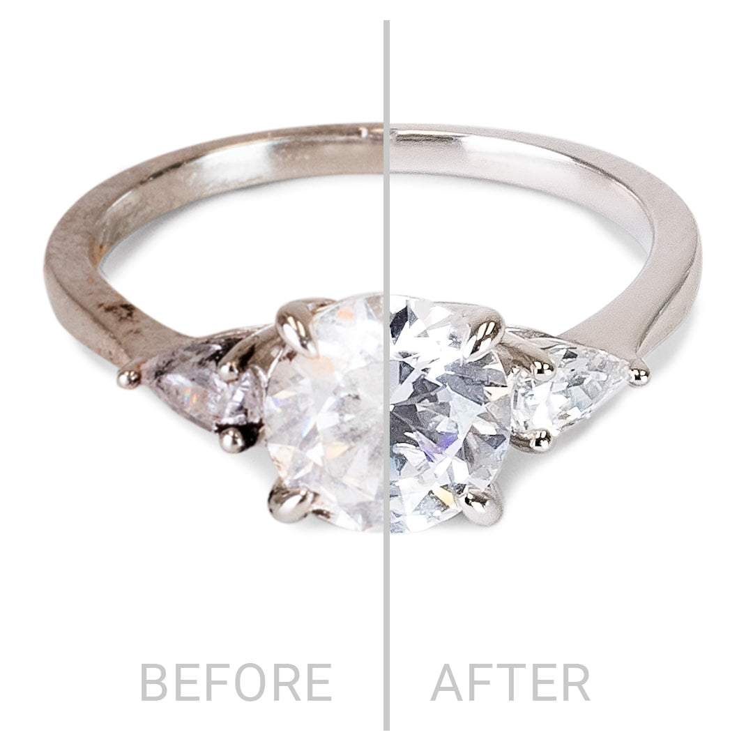 Before and after of a ring being cleaned with a microfiber