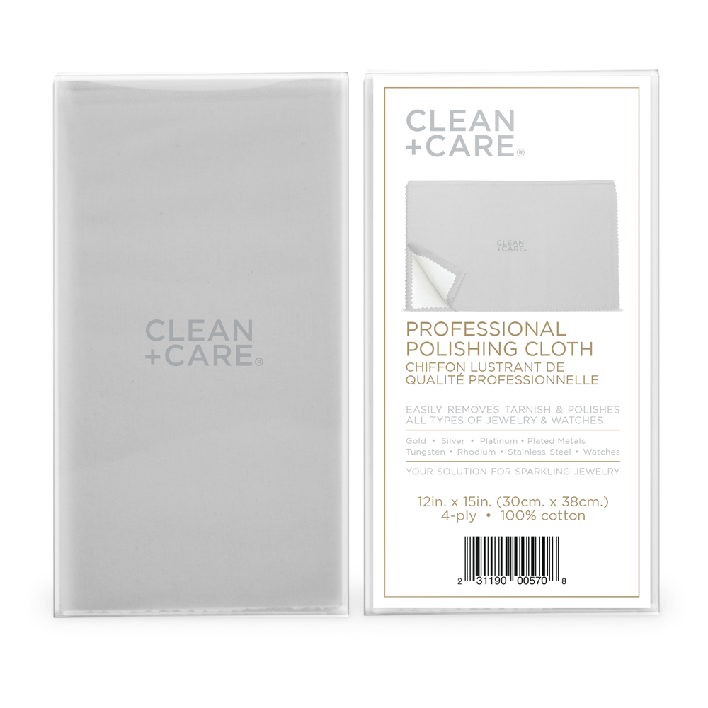 Retail-Ready packaging side by side front and back image of 12 inch by 15 inch Clean And Care Professional Polishing Cloth